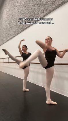 two ballerinas in black leotards and white tights are posing for the camera