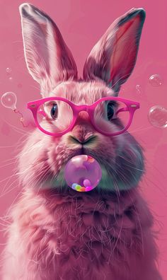 a rabbit wearing pink glasses and blowing bubbles