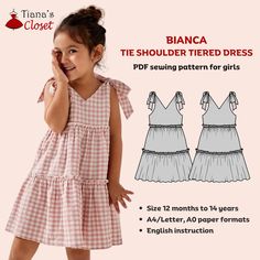 Exclusive patterns from the author of Tiana's Closet Sewing Patterns. Visit my blog for more ideas, sewing tips and free patterns: https://tianascloset.com/ The Bianca tie shoulder tiered dress is a simple, beautiful design that can be worn to many occasions like birthday party, Christmas party, weddings, graduation, vacation and more. This dress is suitable for both smaller and older girls. Make a Laurel dress in fun print or pattern, and give make your girl's day! Main features of the Bianca d Girl Dress Pattern, Dress Patterns Free, Couture Mode, Sewing Patterns For Kids, Diy Sewing Clothes, Sewing Pattern Sizes, Dress Sewing Pattern, Diy Couture, Dress Sewing Patterns