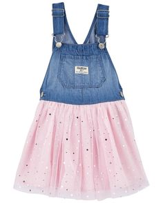 This jumper dress is an OshKosh favorite! Complete with special deets like a little extra sparkle on the skirt, adjustable straps for the perfect fit, and a twirl worthy tulle bottom. She can rock this 1-piece alone or pair it over t-shirts, tanks and more. Playful Denim Dress For Spring, Summer Pink Denim Dress, Spring Pink Denim Dress, Sleeveless Pink Denim Dress, Baby Girl Denim Outfit, Baby Girl Overalls, Baby Girl Denim Dress, Denim Jumper Dress, Oshkosh Overalls