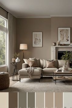 a living room filled with furniture next to a fire place and large windows in front of it