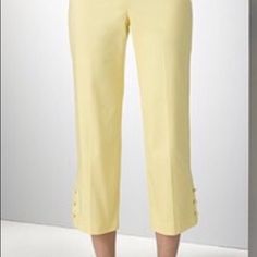 Palm Beach Fit Side Zipper Size 2 Fabric Covered Buttons On Legs Lemon Sorbet Color Spring Stretch Pants With Buttons, Spring Stretch Bottoms With Buttons, Elegant Summer Capris For Workwear, Elegant Stretch Summer Capris, Elegant Stretch Capris For Summer, Elegant Spring Capri Pants, Elegant Spring Capri Length Pants, Spring Pants With Buttons, Elegant Fitted Capri Length Pants