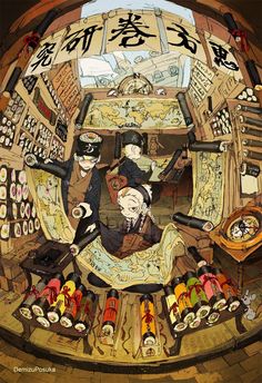 an artistic painting of people sitting in a room with many items on the floor and around them