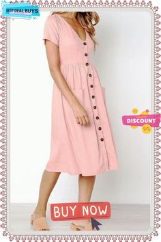 V-neck Pocket Dress(4 Colors) Summer V-neck Dress With Pockets, Casual Summer V-neck Dress With Buttons, Pink V-neck Solid Color Dress, V-neck Midi Dress With Buttons, Pink Solid Color V-neck Midi Dress, Pink V-neck Dress With Buttons, Pink Summer Midi Dress With Pockets, Pink Casual V-neck Midi Dress, Feminine V-neck Midi Dress With Buttons