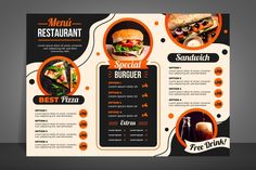 an orange and black restaurant menu with different food items on the front, side and back