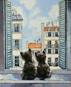 two bears sitting on a window sill looking out at the city below them, with buildings in the background