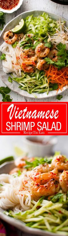 vietnamese shrimp salad on a plate with noodles and vegetables in the background text overlay reads vietnamese shrimp salad