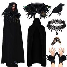 a woman in a black cloak and gloves with her hands on the ground, holding two crows