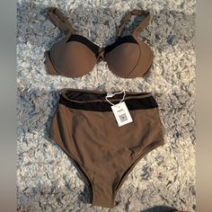 Nwt! Push Up Bra Top With Black Detail + High-Waisted Cheeky Bottoms With Black Mesh Detail Along The Top Brown Fitted Swimwear For Pool, Fitted Brown Swimwear For Pool, Brown Underwire Swimwear For Vacation, Brown Underwire Swimwear For Poolside, High Waist Brown Swimwear For Beach Season, Brown Underwire Swimwear For The Beach, Cupshe Bikinis, High Waisted Swim Bottoms, Plus Size Tankini