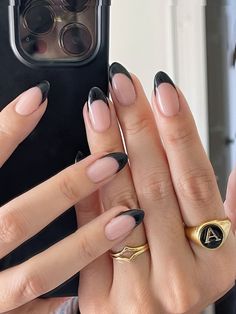 Nails | French Manicure | Black Nails | Nail Inspo | French Tips | Almond Nails | Long Nails | Medium Nails | Natural Nails Black Almond Nails, Almond Nails French, Black French Tip, Unghie Sfumate, Kutek Disney, French Tip Acrylic Nails, Almond Nails Designs, Almond Acrylic Nails