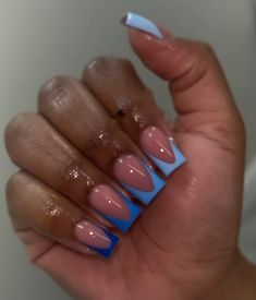 Medium Length Nails Acrylic Blue, Pink And Blue Tip Nails, Short Acrylic Nails Blue Design, Shades Of Blue French Tip Nails, Nail Ideas Blue And Black, Blue Tips Nails Acrylic, Purple Nail Designs Square, Nails Acrylic Blue French Tips, French Tip Colored Nails