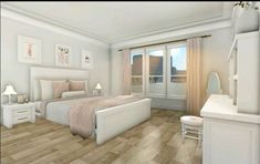 a white bedroom with wood flooring and pictures on the wall