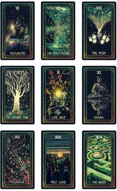 nine taroti cards with images of different things in the sky and on them