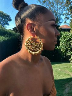 Large Hoop Earrings - Humble Legends Gold Hoop Earrings Gucci, Louis Hoop Earrings, Tracee Ellis Ross Bamboo Earrings, Pearl Name, Earring Sizes, Jewelry Wishlist, Earrings Aesthetic, Name Earrings, Bamboo Earrings