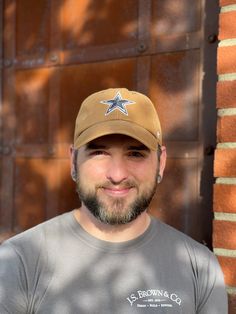 a man with a beard wearing a brown hat and gray shirt standing in front of a brick wall