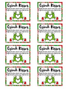 four christmas gift tags with the words grin kisses and two green hands holding candy canes