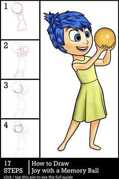 step by step drawing instructions for children to learn how to draw an animated girl with blue hair