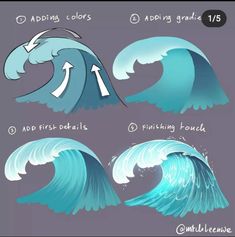 three different types of blue waves with arrows pointing to them