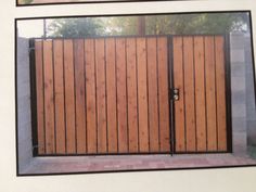 two pictures of a wooden gate in front of a brick wall