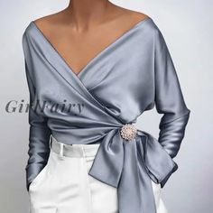 Girlfairy Autum Long Sleeve Chiffon Blouse 2023 New Elegant Cross Bow Satin T Shirt, Rock Outfit, Retro Mode, Women Tunic Tops, Satin Shirt, Satin Blouse, Moda Vintage, Satin Top, Elegant Shirt