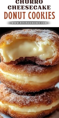 three donuts stacked on top of each other with the words chorro cheesecake donut cookies