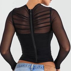 NEW STYLE Sheer Mesh Long Sleeve Sexy T-shirt Women Autumn New V Neck Zipper Layered Skinny Club Party Sexy Tops [change 20240108] Black Shirt Casual, Vintage Baby Girl Clothes, Long Sleeve Black Shirt, Black And Blue Dress, Lace Blouse Long Sleeve, Blouse Long Sleeve, Black Long Sleeve Shirt, Mesh Long Sleeve