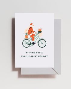 a christmas card with an illustration of santa riding a bike and carrying presents on the back