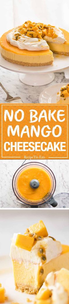 no bake mango cheesecake on a plate with the title overlay reads, no bake mango cheesecake