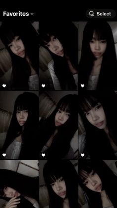 multiple images of a woman with long black hair and bangs, in the dark room