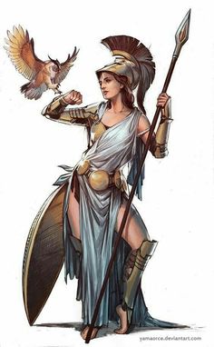 a drawing of a woman with an eagle on her shoulder holding a spear and shield