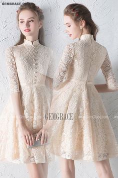 10% off now|Modest Champagne Lace Short Homecoming Dress Half Sleeved with Collar at GemGrace. Click to learn our pro custom-made service for wedding dress, formal dress. View Homecoming Dresses for more ideas. Stable shipping world-wide. Elegant Short Sleeve Lace Dress For Prom, Beige Short Sleeve Bridesmaid Dress, Beige Bridesmaid Dress With Short Sleeves, Short Sleeve Lace Bridesmaid Dress, Cream Lace Dress With Short Sleeves, Beige Short Sleeve Lace Dress For Wedding, Beige Lace Dress For Wedding, Elegant Beige Half Sleeve Dress, Elegant Beige Half-sleeve Dress