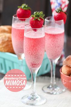 strawberry cream mimosa in glasses with strawberries