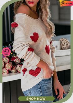 Heart Print V-neck Knitted Sweater Cozy Womens Sweaters, Casual Pullover Sweater, Raglan Sleeve Sweater, Plus Size Pullover, Heart Clothes, Sweater Season, Womens Dress Suits, Plus Size Sweaters, Red Hearts