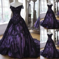 Gothic Black and Purple Wedding Dresses Long Sleeves Corset A Line Bridal Gowns | eBay Black Purple Wedding, Purple Wedding Dresses, Purple Black Wedding, Dark Purple Wedding, Goth Wedding Dresses, Wedding Dresses Off The Shoulder, Purple Ball Gown, Purple And Black Dress, Black Wedding Gowns