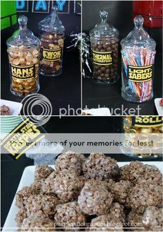 there are many different pictures of food in the photo and on the table is a jar with candies