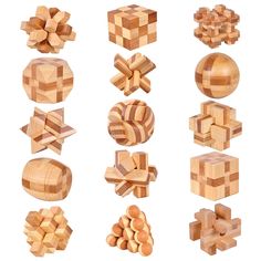 several wooden puzzles are shown on a white background, each with different shapes and sizes