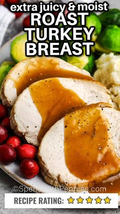 turkey breast with gravy and mashed potatoes on a plate next to brussel sprouts