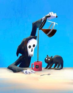 a painting of a skeleton and cat on the beach with a cup of coffee in front of it