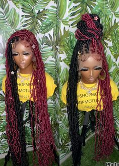 Displayed Pictures : Transparent lace soft locs wig  made by @shopmotush  30-36 Length long  Color black & burgundy wine  Has extra strap & wig comb   Lace type: full lace   wig  Can pack half ponytail & styled as you want full lace . no wig cap ( all lace )  Hair type: lace human hair base  Extensions: high quality  soft Locs hair. Wig construction: glueless Free Wig accessories  Neat professionally done  wig  Ask questions if you wil like to know more  Baby hair is optional  read description a Black And Burgundy Soft Locs, Burgundy Faux Locs Black Women, Colored Soft Locs, Red And Black Knotless Braids, Burgundy Soft Locs, Burgundy Faux Locs, Locs Color Ideas, Red Faux Locs, Black Women Dreadlocks