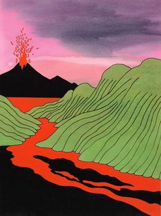 an image of a painting with mountains in the background and lava spewing out