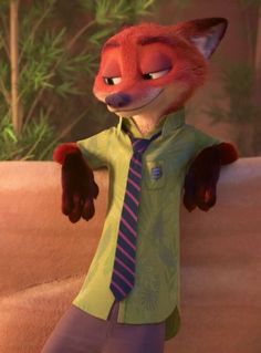 a cartoon fox wearing a green shirt and tie