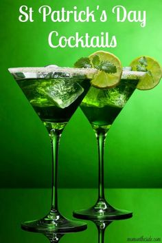 two martinis with lime slices and ice in front of a green background text reads st patrick's day cocktails