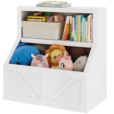 a toy storage unit with stuffed animals and books in it's bin, on a white background