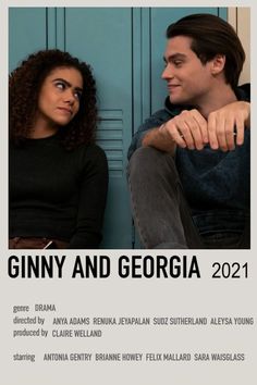 a man and woman sitting next to each other in front of a blue wall with the words ginny and georgia on it