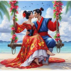 a painting of two people sitting on a swing by the ocean with flowers in their hair