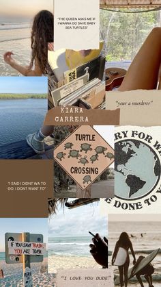 a collage of pictures with people on the beach and in the background, there is a sign that says turtle crossing