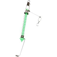 a green and black device is attached to a white pole with two hooks on it