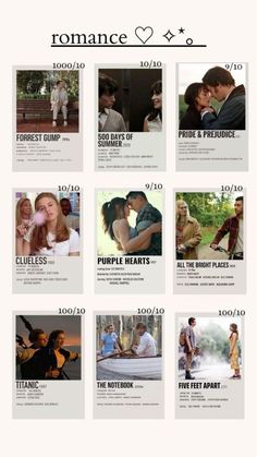 a screen shot of the website for romance films, which features pictures of people and their names