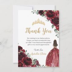 a thank card for someone who is wearing a red dress and holding flowers in her hand