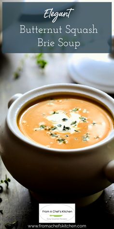 a bowl of butternut squash brie soup on a wooden table with the title text overlay